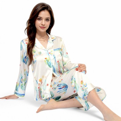 Anna-Kaci Lounge Women's Satin Pajama Set with Cactus Print and Relaxed Fit- White,Small