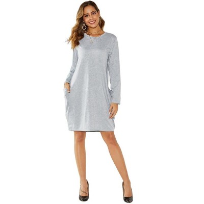 Coolmee Womens Midi Dresses for Long Sleeve Casual Loose Fit Fall Fashion Crewneck Dress with Pockets