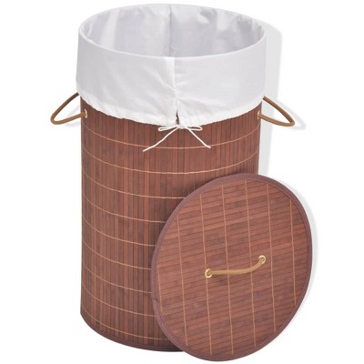 Round Brown Bamboo Collapsible Laundry Bin with Lid