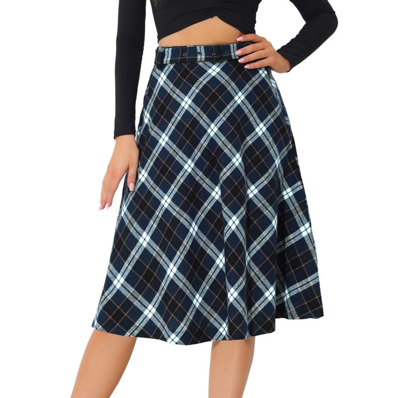 Allegra K Women's Tartan Plaid High Waist Belted Vintage A-Line Midi Skirt, 1 of 8