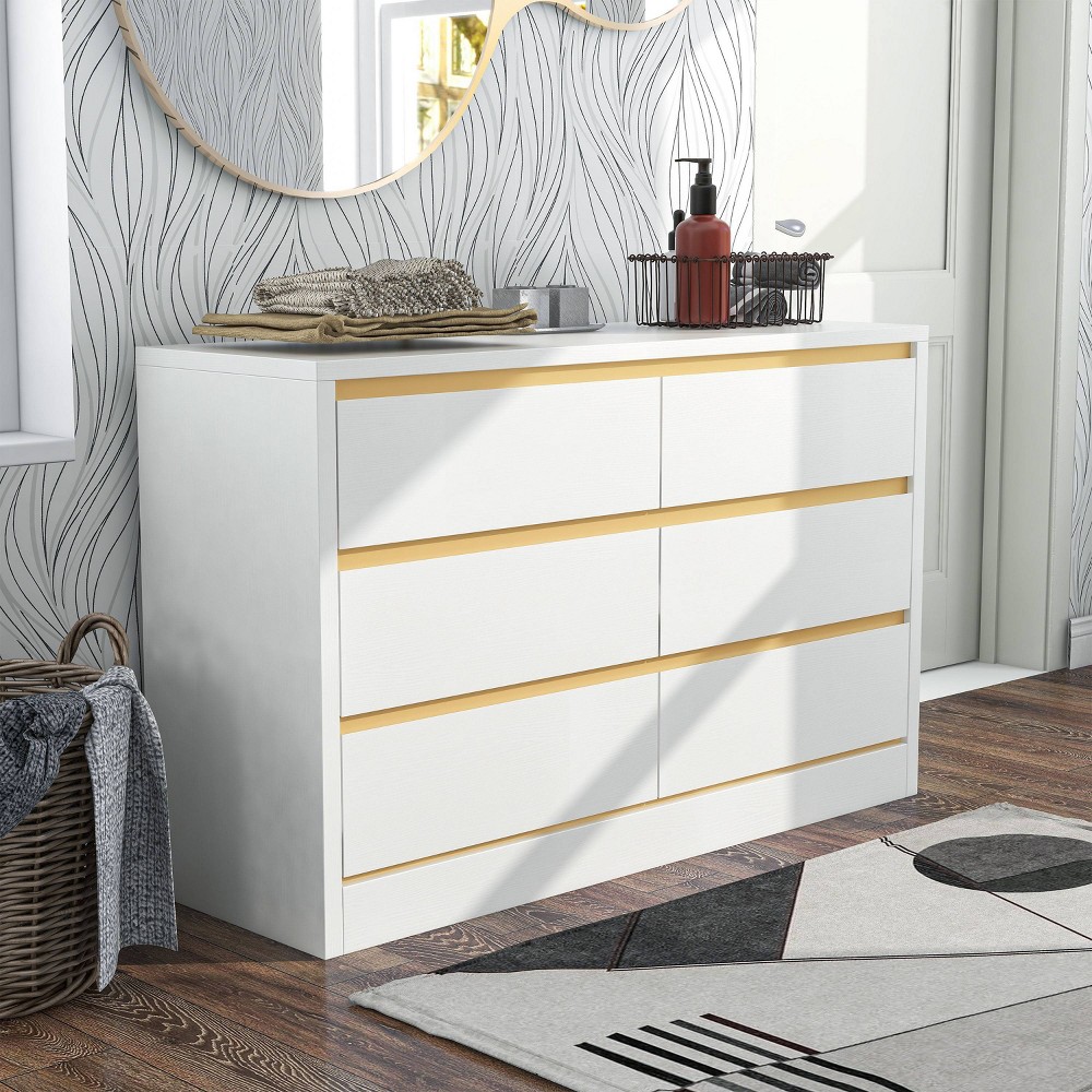 24/7 Shop At Home Windsong Modern 6 Drawer Dresser: Faux Gold Trim, Easy-Glide Storage