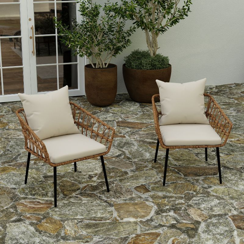 Merrick Lane Set of Two Indoor/Outdoor Boho Style Open Weave Rattan Rope Patio Chairs with Cushions, 5 of 10