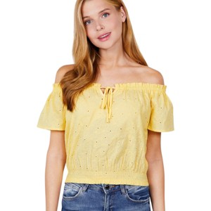 Slickblue Lemon Yellow Off The Shoulder Woven Top – Smocked Hem, Eyelet Lace, Short Sleeves, Cotton Fabric, Sizes S-L - 1 of 4