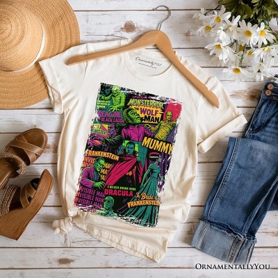 Horror Comic Classic Monsters T-Shirt, Vintage Scary Halloween Tee Natural M