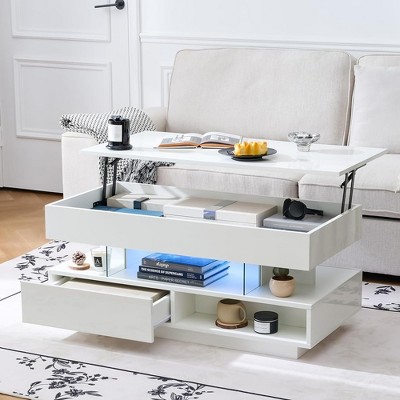 QingMoon Lift Top Coffee Table, High Gloss Center Table with Hidden Compartment, 2 Storage Drawers and Adjustable LED Lights for Living Room