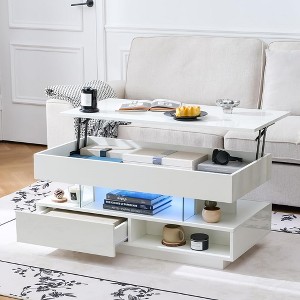 QingMoon Lift Top Coffee Table, High Gloss Center Table with Hidden Compartment, 2 Storage Drawers and Adjustable LED Lights for Living Room - 1 of 4