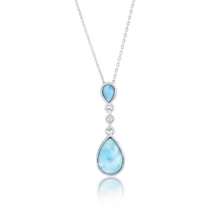 Caribbean Treasures Sterling Silver, Double Pear-shaped Larimar with Bezel-Set CZ 18" Pendant Necklace - Blue - 1 of 2