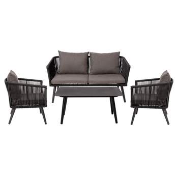 Merrick Lane Outdoor Furniture 4 Piece Black Woven Aluminum Frame Loveseat, 2 Chair and Coffee Table Set With Gray Cushions