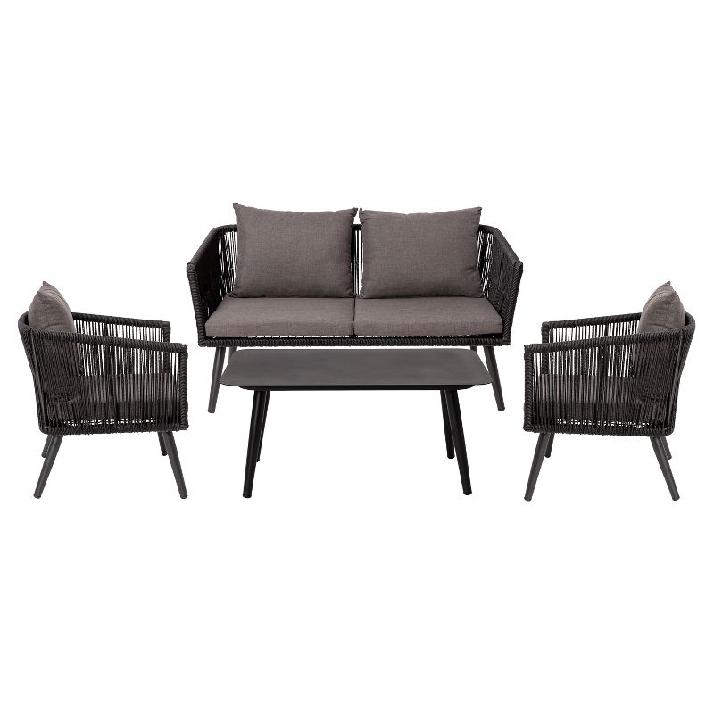 Emma and Oliver Black & Gray Woven All-Weather Four-Piece Conversation Set with Cushions & Metal Coffee Table for Porch, Backyard and Patio, 1 of 16