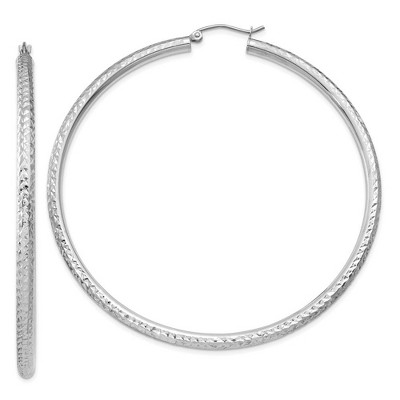 Black Bow Jewelry 3mm x 65mm, 14k White Gold, Diamond-cut Round Hoop Earrings