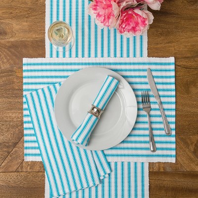 Turquoise and White Cotton Striped Square Napkin Set