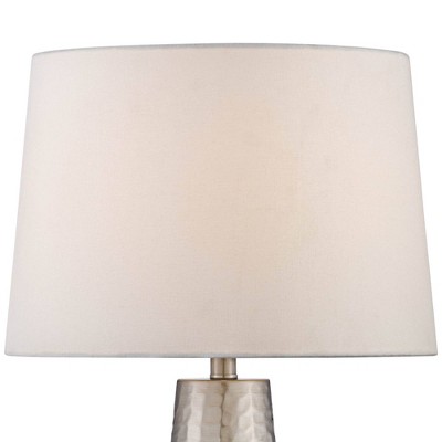 Silver Leaf Hammered Metal Cylinder Table Lamp with Off-White Fabric Shade