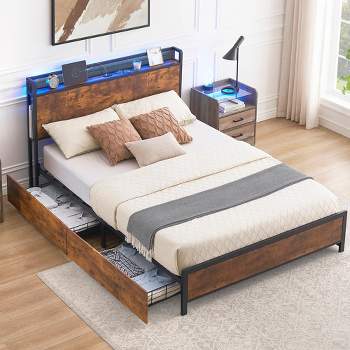 LED Bed Frame with Storage Headboard and 6 or 4 Drawers, Queen Size Platform Bed with Charging Station, Strong Wood Slats Support, Noise-Free, Vintage Brown