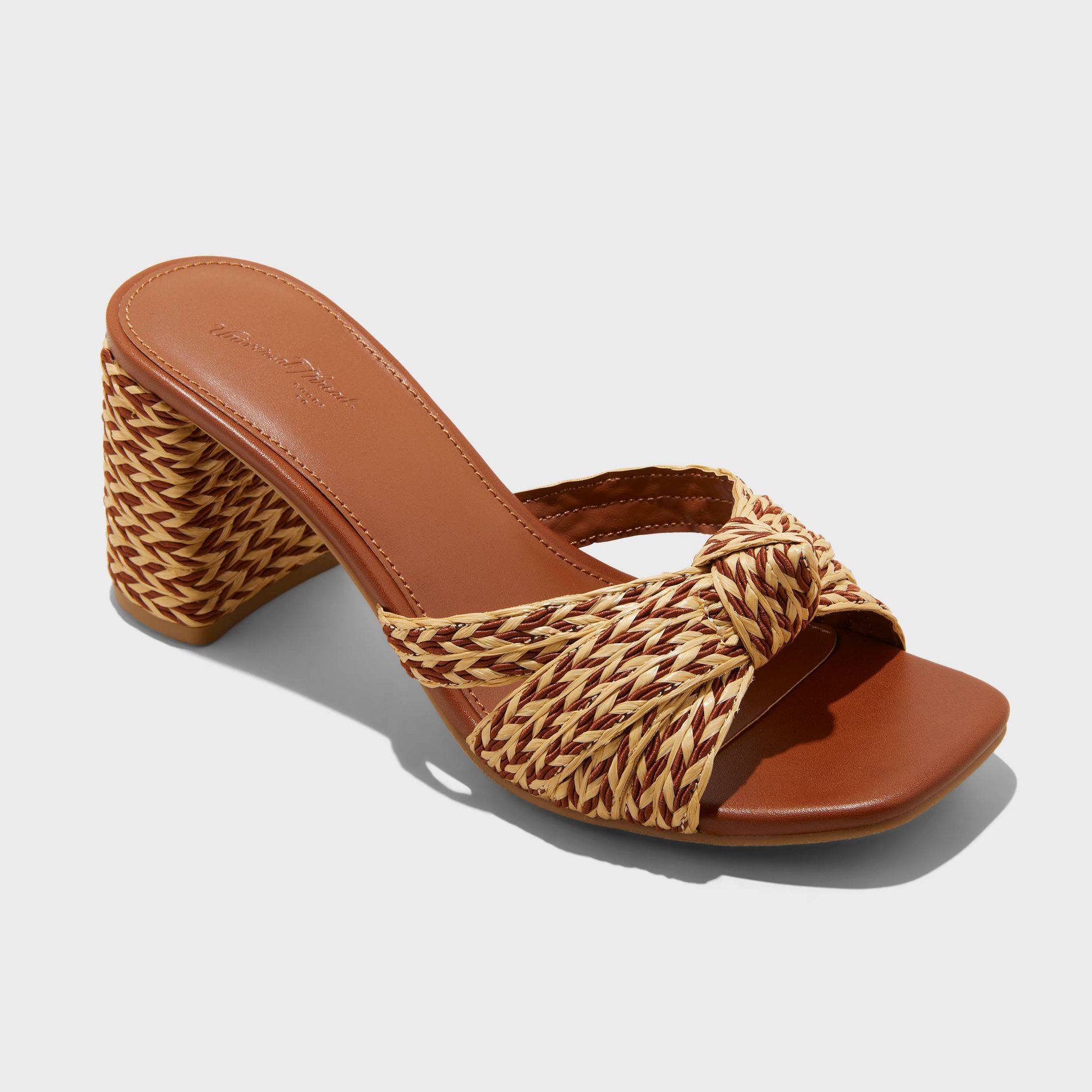 Women's Aaliyah Raffia Strappy Knot Sandal Heels - Universal Thread™ Cognac 8.5: Open Toe, Block Heel, Slip On, Square Toe