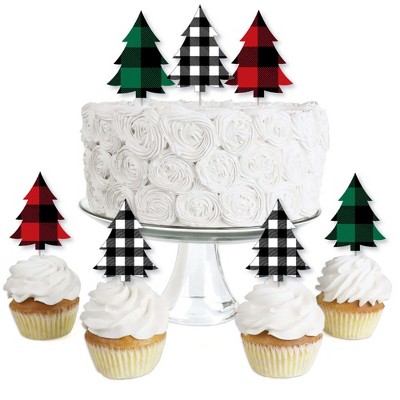 Big Dot of Happiness Holiday Plaid Trees - Dessert Cupcake Toppers - Buffalo Plaid Christmas Party Clear Treat Picks - Set of 24