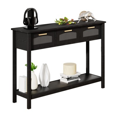 ChicFurnit Decorative Storage Cabinet Rattan Console Table with 3 Drawers for Entryway or Living Room, Black, 46.1"*11.8"*32.1"
