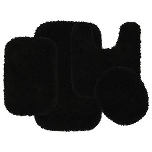 4pc Serendipity Shaggy Nylon Washable Bathroom Rug Set Black - Garland Rug: Includes Lid & Contour Cover, Non-Slip, Tufted - 1 of 4