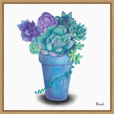 Turquoise Succulents IV Watercolor Canvas with Maple Frame