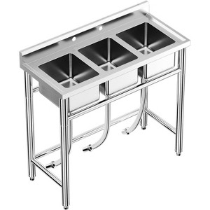 39 x 18 x 37 in Stainless Steel Commercial 3-Compartment Utility Sink, Freestanding with Storage Shelf and Adjustable Legs - 1 of 4
