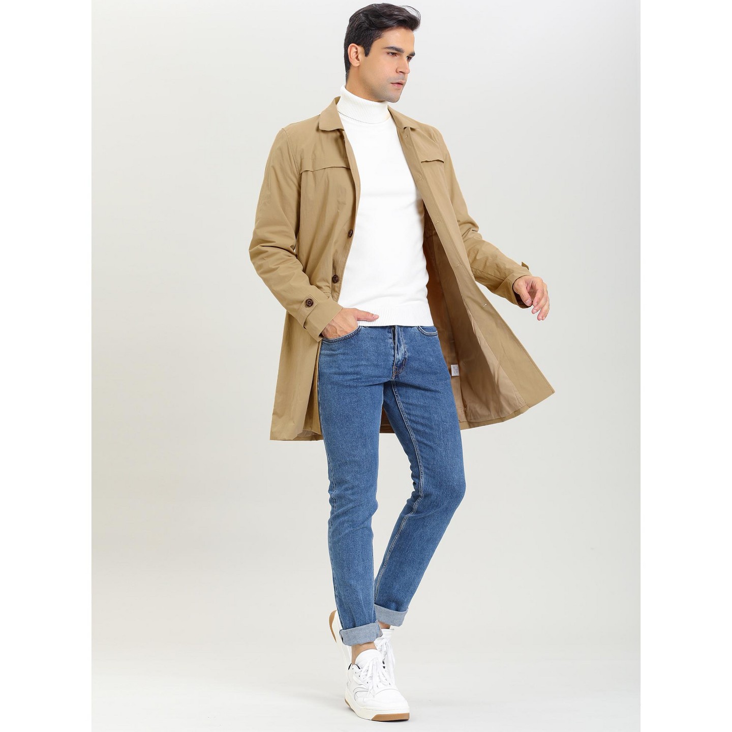 Мужская куртка Lars Amadeus Lightweight Solid Color Single Breasted Overcoat Khaki, цвет: Хаки — фото 3