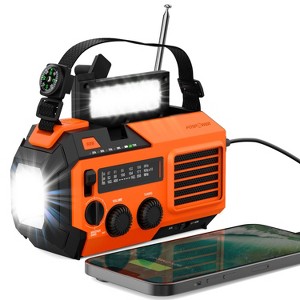 FosPower Solar Hand Crank Radio for Weather Emergency with AM/FM/WB Flashlight, Reading Lamp, SOS Alarm, IPX3, & 5,200mAh Power Bank - Orange - 1 of 4