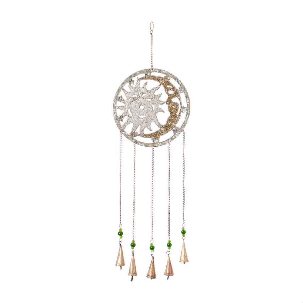 31" x 10" Eclectic Metal Moon and Sun Windchime Silver/Gold/Green - Olivia & May: Whimsical Outdoor Decor