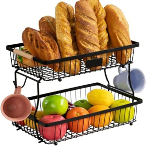 SEVOBAL 2 Tier Fruit Basket Banana Hangers Wooden Handle Detachable Fruit Holder Stand Vegetable Bread Snack Produce Storage, Black, 9.36"*3.9"*14.04" - 1 of 4