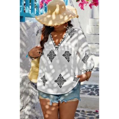 I AM A FASHION JUNKY Plus V Neck Geometric Printed Embroidered Peplum Shirt Black XXXXL