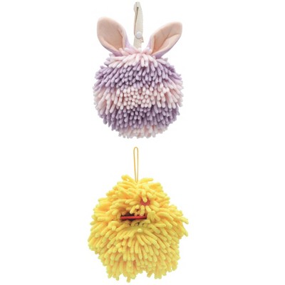 REGALWOVEN 2 Packs Fluffy Chenille Rabbit Shape Cute Soft Absorbent Hanging Ball Hand Towels 7" x 7"