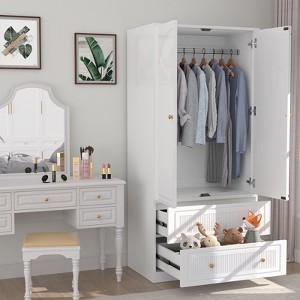 Buenhomino Wooden Armoire Wardrobe Closet, Wood Clothing Storage Cabinets with 2 Doors and 2 Drawers, Wardrobe Closet with Hanging Rod for Bedroom - 1 of 4