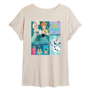 Women's - Disney - Elsa, Olaf & Anna Birthday Celebration Oversized Graphic T-Shirt - 1 of 4