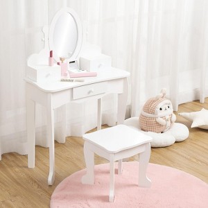 Kids Vanity Set with Drawer, with Wooden Makeup Playset, with Mirror, Makeup Table and Stool for 4-9 Girls, White - 1 of 4