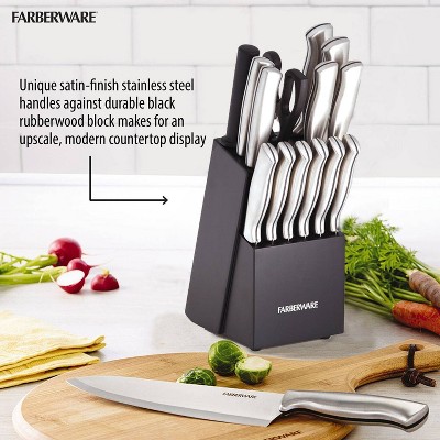 Farberware 15-Piece Stainless Steel Knife Block Set with Black Wood Block