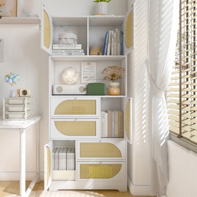 71” Rattan Kitchen Pantry Storage Cabinet, Buffet Cupboard Cabinet with Drawers and Open Shelf, Freestanding Bathroom Cabinet For Living Room Kitchen