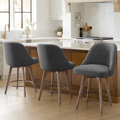 Bekrvio Counter Height Bar Stools, 26" Mid-Century Swivel Barstools with Backs - Linen Upholstered Wood Legs, Kitchen Island Counter Chairs
