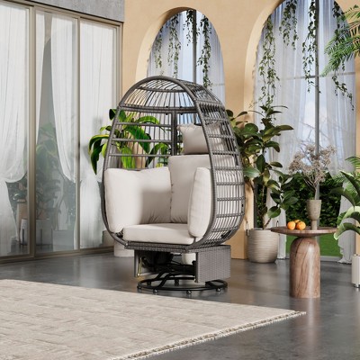 CAVINAS Outdoor Rattan Patio Egg Chairs with Cushions & Rocking Function,Swing Hanging Chairs for Backyard,Balcony,Poolside,Beige