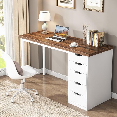 PAGED Computer Desk with 5 Drawers, 47 Inches Rustic Office Desk with Reversible Cabinet Design for Living Room