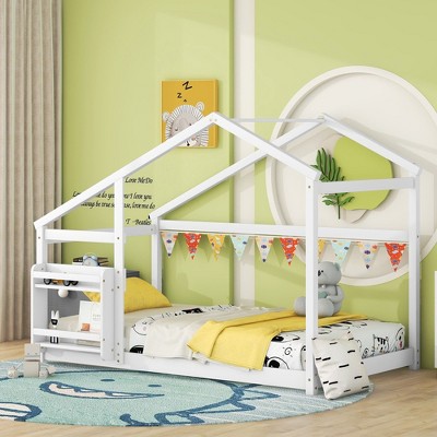 CAVINAS Full Size Wood Montessori Bed,Modern Integral Constructed Floor Bed with Super High Security Barrier and Door,Toddler Bed for Bedroom
