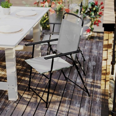 Set of 2 Gray Textilene Folding Patio Sling Chairs with Armrests