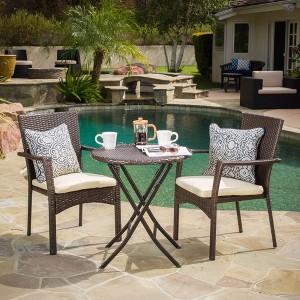 SKRAN  rattan Dining Set of 3, Outdoor three-piece bistro set with waterproof cushions and two chairs for Patio, Garden, Indoor ,brown multi - 1 of 4
