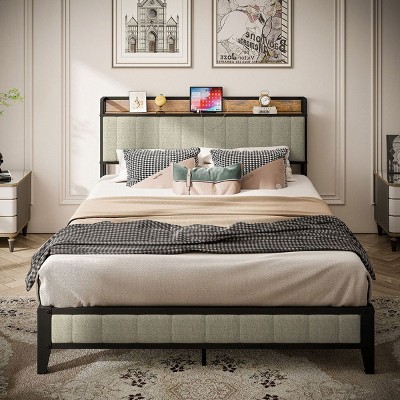 Streamdale Full Size Bed Frame with Charging Station, Upholstered Headboard, Metal Platform, Grey