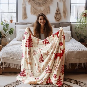 Red Reindeer Christmas Trees Flannel Blanket Cozy Holiday Throw Festive Gift. - 1 of 4