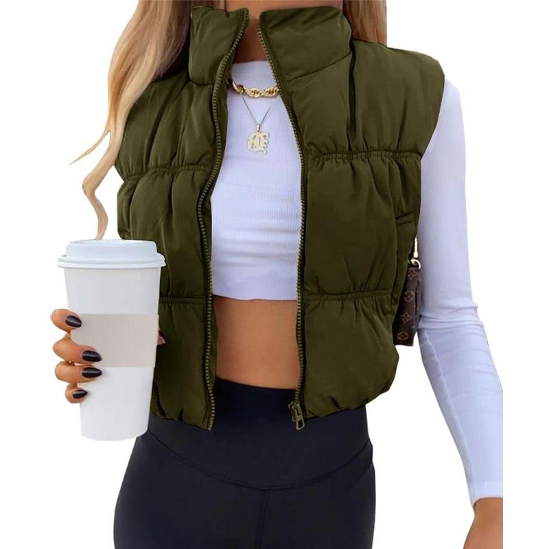 Imily Bela Women's Lightweight Crop Puffer Vest Zip Up Sleeveless Fall and Winter Padded Outerwear Armygreen L