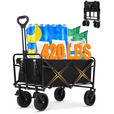 Wagon Cart Heavy-Duty 360LBS Foldable，All-Terrain Collapsible Utility Cart with 360° Wheels & Drink Holders for Beach, Camping, Gardening, Grocery