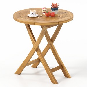 Tangkula Patio Teak Wood Dining Table 27.5" Round Side Table w/ Slatted Tabletop - 1 of 4