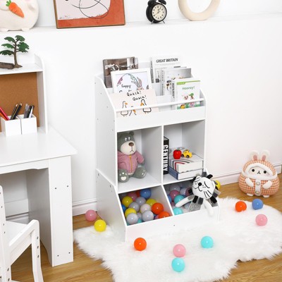 Kids Bookshelf and Toy Storage, Wood Book Shelf Organizer for Toddler, Playroom Storage, Children's Storage Cabinet, White Bookshelf Organizer