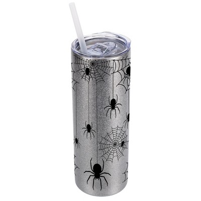 Elanze Designs Silvertone Sparkle 20 Ounce Double Wall Stainless Steel Glitter Travel Tumbler With Sliding Lid And Straw, Spiders