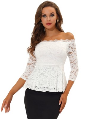 Allegra K Women's Elegant Lace Floral Semi Sheer 3/4 Sleeve Off Shoulder Peplum Top