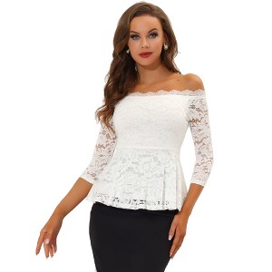 Allegra K Women's Elegant Lace Floral Semi Sheer 3/4 Sleeve Off Shoulder Peplum Top - 1 of 4