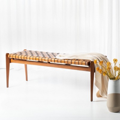 Dilan 48'' Mahogany Wood and Top Grade Leather Woven Bench - Brown